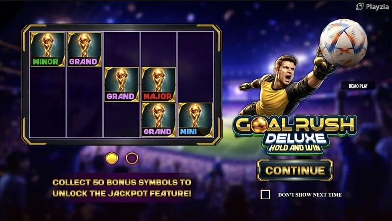 Goal Rush Deluxe - aðalvalmynd með hjólum og stúkum á leikvangi